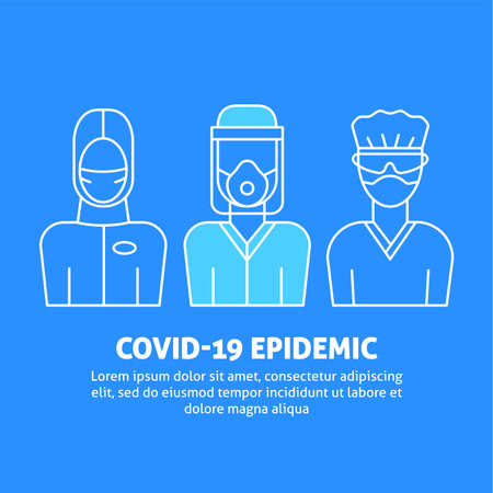 A vector design with medical avatars of doctors and nurses in protective medical clothes with masks. Coronavirus epidemic illustration for flyer, poster template.のイラスト素材