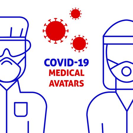 A vector square design with avatars of medics in a protective clothing and a respirator. Coronavirus epidemic illustration for flyer, poster template.のイラスト素材