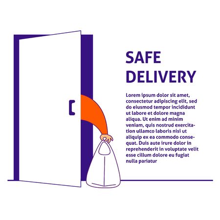 A square vector image of an arm taking a package. Safe delivery service. Coronavirus quarantine illustration.のイラスト素材