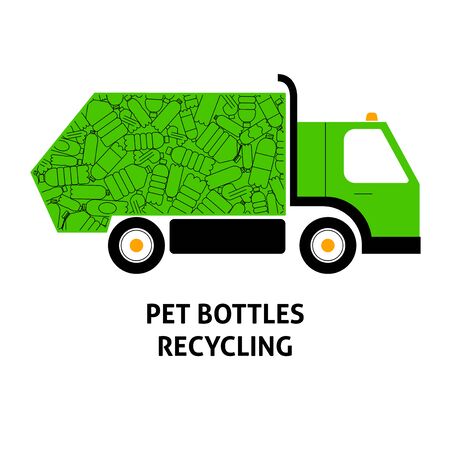 A flat vector image of a garbage truck full with plastic bottles. Flat line ecology image. Pet bottles recycling.  のイラスト素材