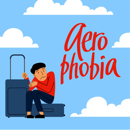 A vector image of a man with suitcases having an aerophobia. A passenger being nervous and in a stress. A color image for a travel poster, flyer or article.のイラスト素材