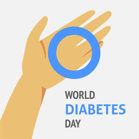 A square vector design of a flyer with a hand and a blue circle. world diabetes day. medical theme.のイラスト素材