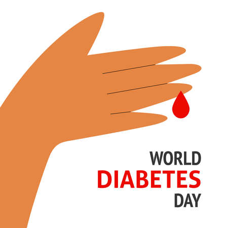 A square vector design of a flyer with a hand and a blood drop. world diabetes day. medical theme.のイラスト素材