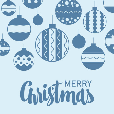 A vector christmas ball set. Merry christmas lettering with christmas ornamented balls. Christmas decoration and souvenirs in white and blue colors.のイラスト素材