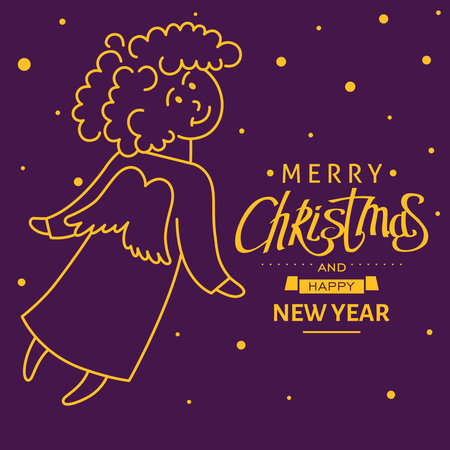 A square vector card with a flat line angel and a text Merry Christmas.のイラスト素材
