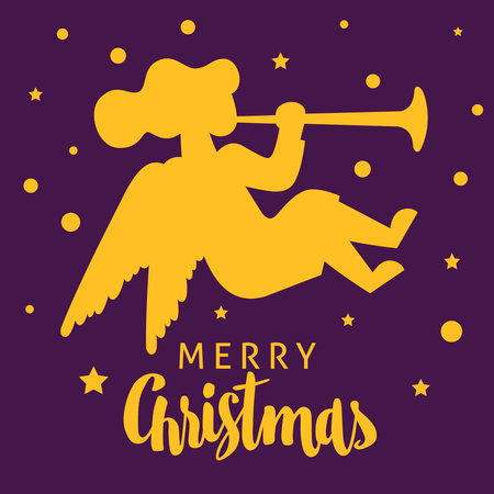 A square vector card with a flat angel silhouette and a text Merry Christmas.のイラスト素材