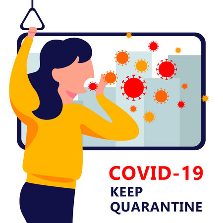 A square vector image with an infected woman being in the public transport. Keep quarantine during the coronavirus epidemic.のイラスト素材