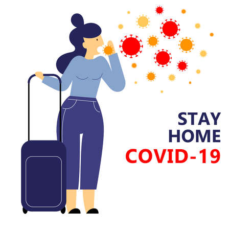 A square vector image with an infected woman going to travel by airplane. Keep quarantine during the coronavirus epidemic.のイラスト素材