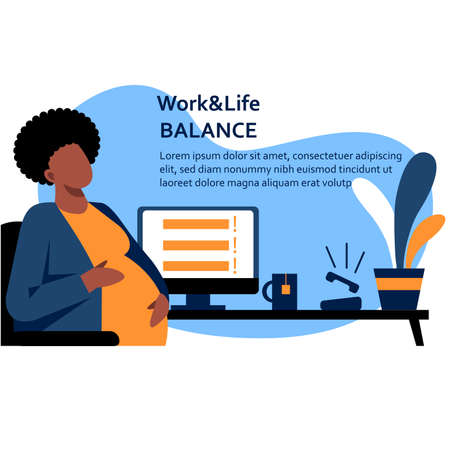 A flat vector image of a pregnant woman having a stress situation in the office. Life and work balance. A woman making career.のイラスト素材