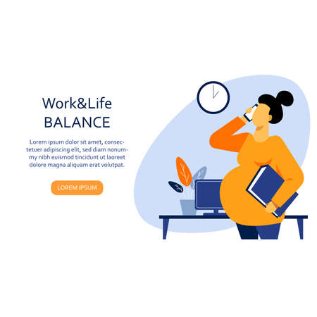 A flat vector image of a pregnant woman skeaking by phone in the office. Life and work balance. A woman making career.のイラスト素材