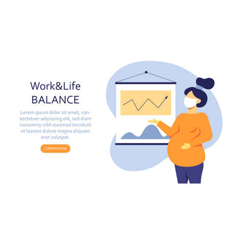 A flat vector image of a pregnant woman while the presentation in the office. Life and work balance. A woman making career.のイラスト素材