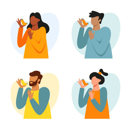 A set of the images of people with the inhaler. world asthma dayのイラスト素材