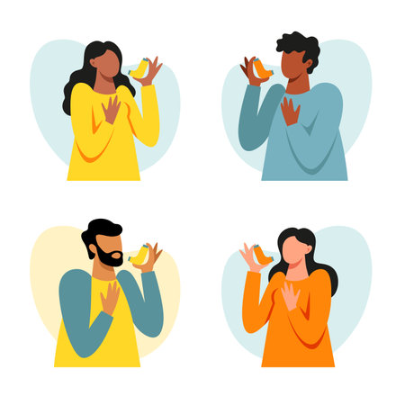 A set of the images of people with the inhaler. world asthma dayのイラスト素材