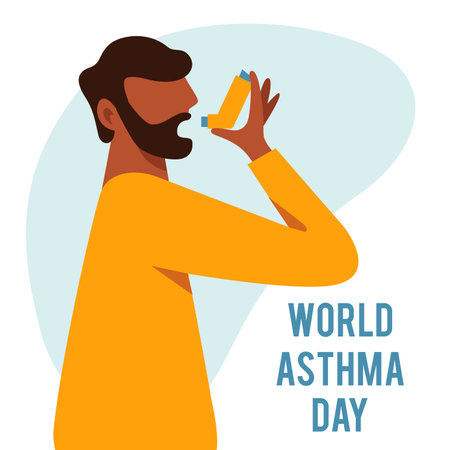 A vector composition with a man using inhaler. world asthma dayのイラスト素材