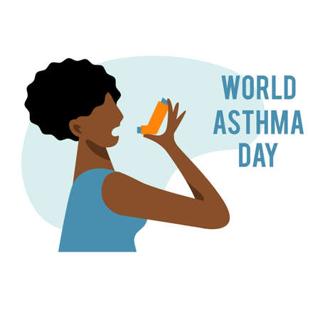 A vector composition with a black woman using inhaler. world asthma dayのイラスト素材