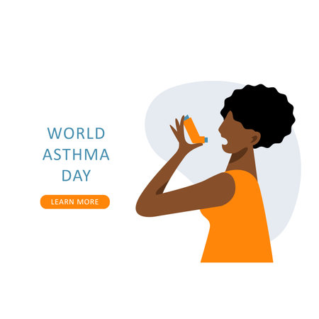 A vector composition with a black woman using inhaler. world asthma dayのイラスト素材