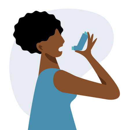 A vector composition with a black woman using inhaler. world asthma dayのイラスト素材
