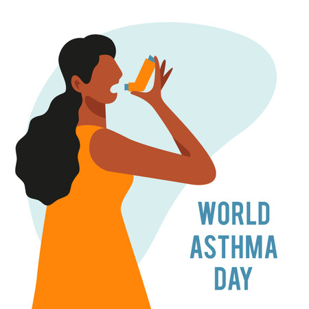 A vector composition with a black woman using inhaler. world asthma dayのイラスト素材