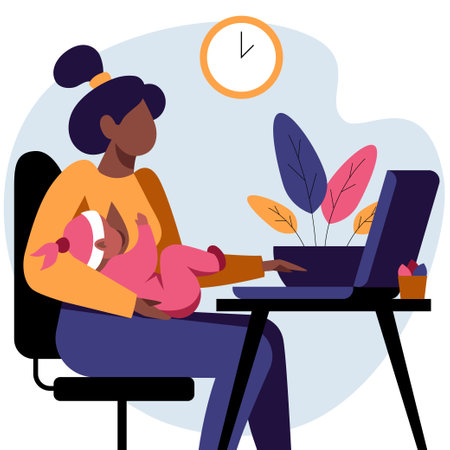 An image of a mother feeding a baby with her breast on a working placeのイラスト素材