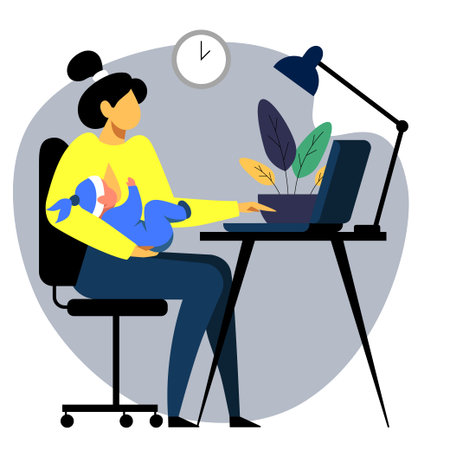 An image of a mother feeding a baby with her breast on a working placeのイラスト素材