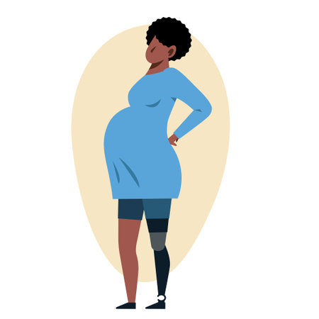 A pregnant black woman with a leg prosthetics. A pregnant amputee vector image.のイラスト素材