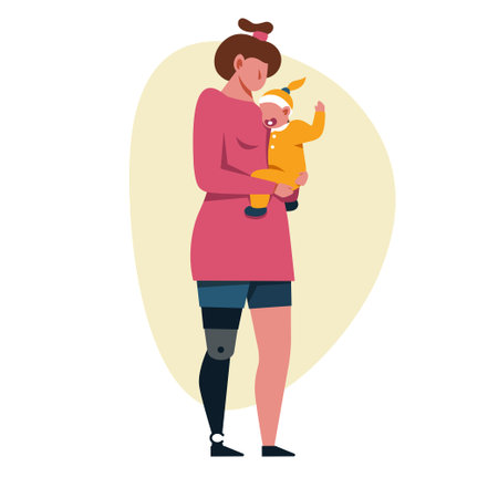 A vector image of a woman with an arm prosthetics holding a baby. Disabled theme imageのイラスト素材