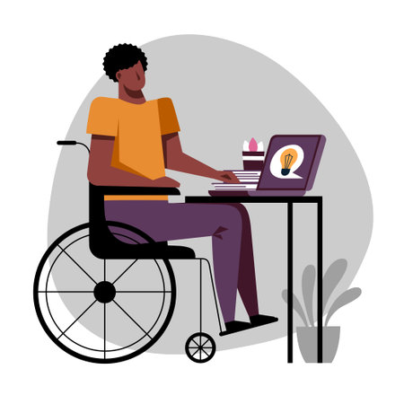 A vector image of a black student in a wheelchair while the remote study.のイラスト素材