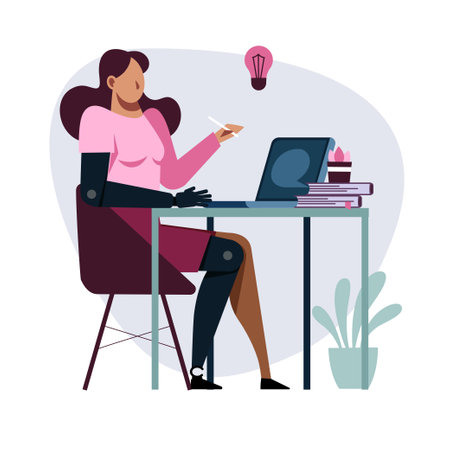 A vector image of a student with a prothesis while the remote study.のイラスト素材