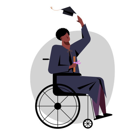 A vector image of a black student in a wheelchair in an academic dress.のイラスト素材