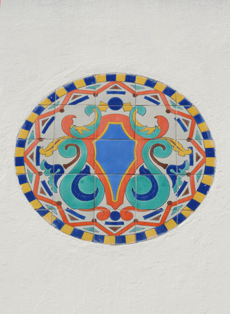 Ceramic Tile Mosaic or Ornament On White Facade Wall の写真素材