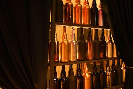 Set of wine bottles in the fashion city cafe with nobodyの写真素材