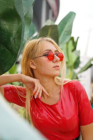 High fashion portrait of young elegant woman outdoor.の写真素材