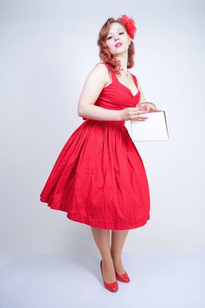Beautiful girl in pinup style dress isolated on whiteの写真素材