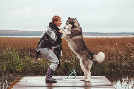 pretty girl with red hair walking with her dog togetherの写真素材