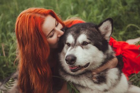 Girl with big grey dog on the nature background at summer time. Lifestyle photo.の写真素材