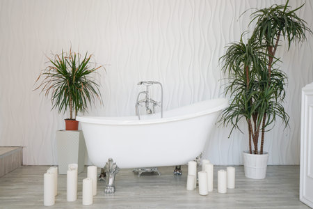 Perfect View of a spacious and elegant bathroom with candles on the floor and potted plantsの写真素材