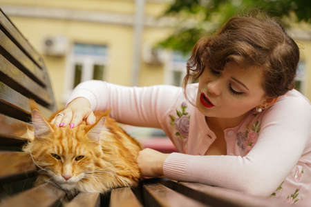 big red maine coon cat is scary and sad. young owner woman hugs and strokes her orange pet in stress from first walk outdoor.の写真素材