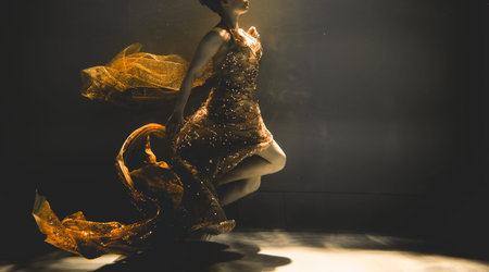 young woman swimming alone with fashion fabric underwater incognito