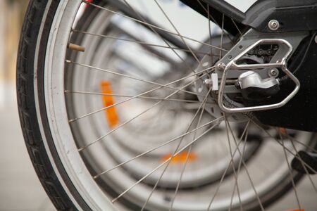 a lot of bikes are in town ready to rent. nobodyの写真素材