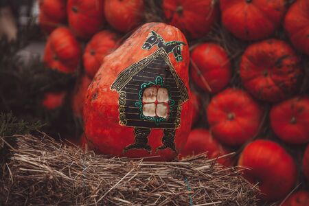 pumpkins in honor of the celebration of autumn and Halloween. festival of vegetables. creative house of pumpkinの写真素材