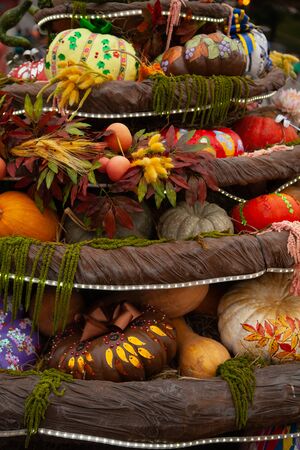 beautiful painted autumn pumpkins at Halloween fair with nobody.の写真素材