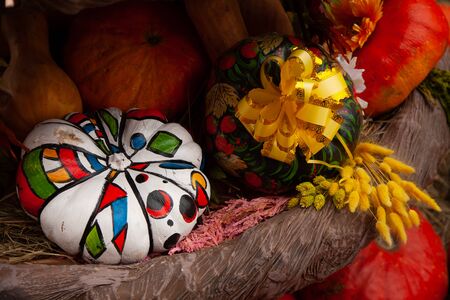 beautiful painted autumn pumpkins at Halloween fair with nobody.の写真素材