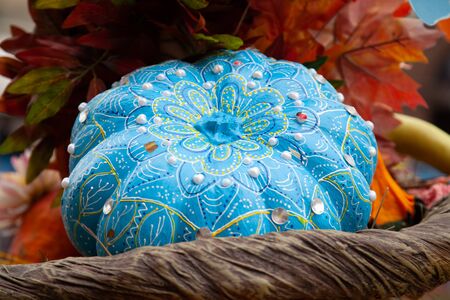 beautiful painted autumn pumpkins at Halloween fair with nobody.の写真素材