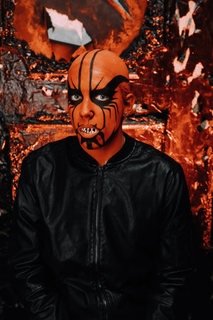 halloween make up. scary person ready for party. man with a false bald head and red demon makeup on...