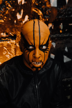 halloween make up. scary person ready for party. man with a false bald head and red demon makeup on...