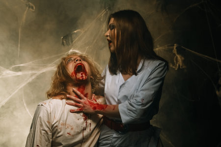 Portrait of a beautiful couple in medical bloody costumes with halloween style make-up. Shot in a...