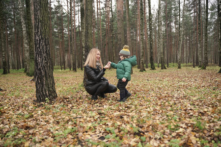 caucasian young mother and little child having fun in autumn Park, walkingの写真素材