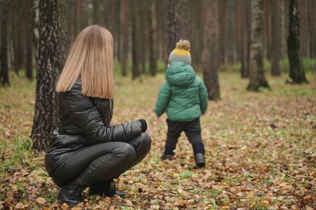 caucasian young mother and little child having fun in autumn Park, walking togetherの写真素材