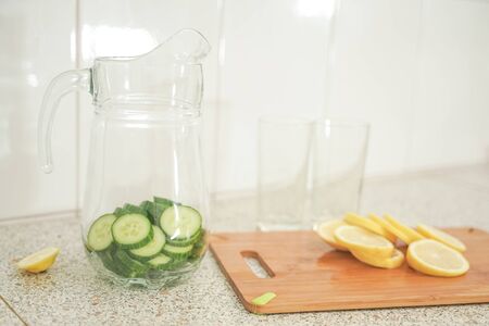 Fresh Lemonade with Cucumber and Lemon preparing with nobodyの写真素材