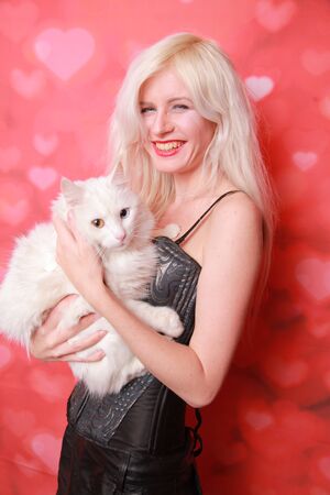 young attractive girl with lovely adult cat on studio backgroundの写真素材